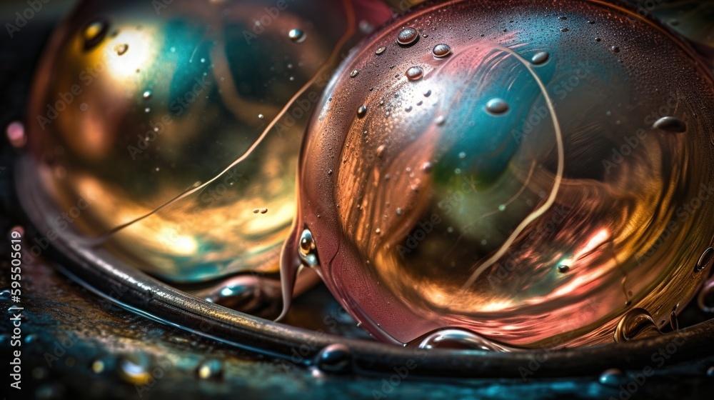 Poster a close up of two shiny balls with water droplets on them. generative ai