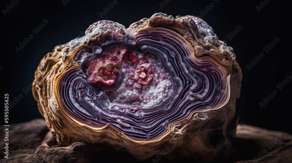 Poster a close up of a rock with a purple and white pattern. generative ai