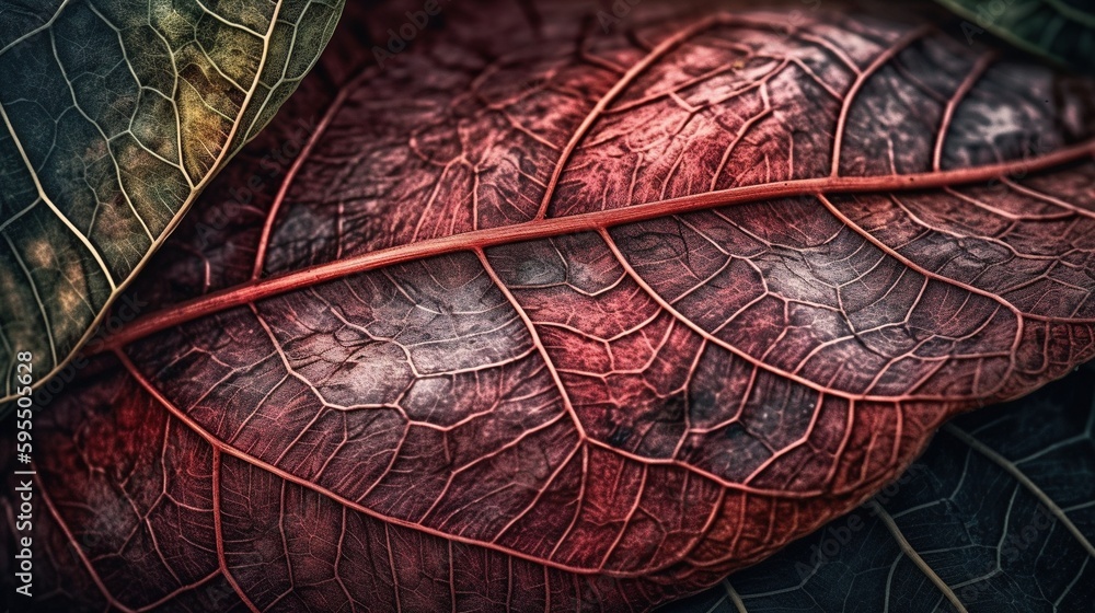 Poster a close up of a leaf with a red vein on it. generative ai