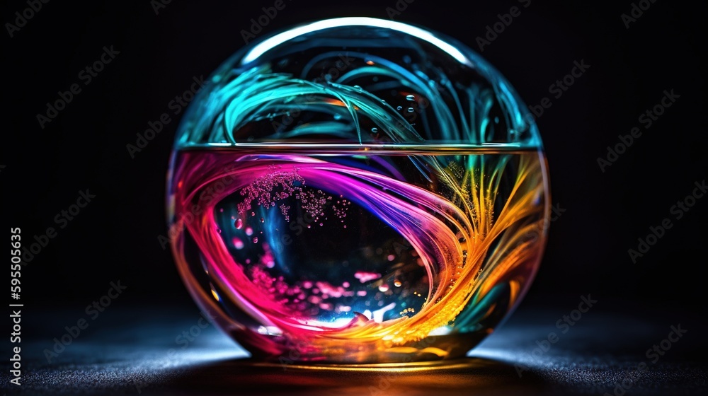 Poster a glass vase with a colorful swirl inside of it on a table. generative ai