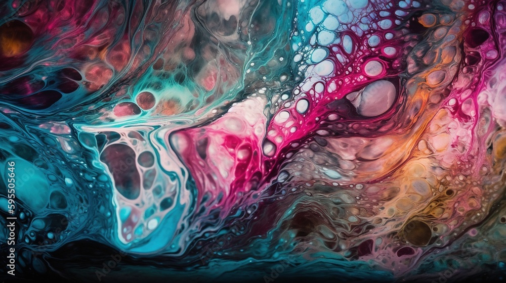 Poster an abstract painting with lots of different colors and bubbles on it. generative ai