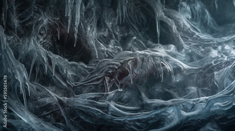Poster a large group of ice covered trees in a dark forest. generative ai