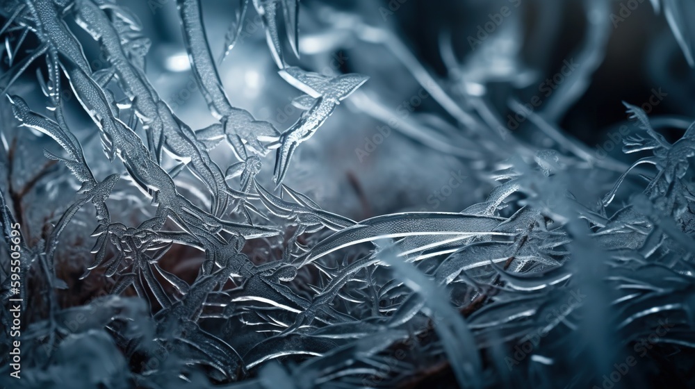 Poster a close up view of ice crystals on a window pane. generative ai