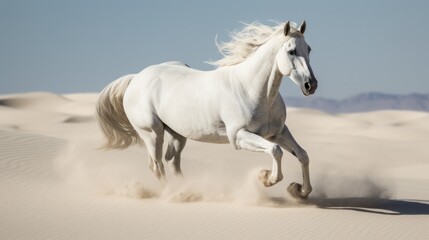 Obraz premium White horse run free in desert sand dust. Generative AI.