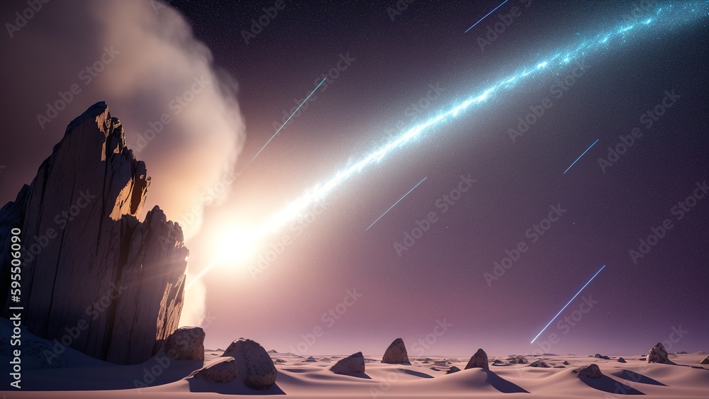 Wall mural a daring view of a comet streak over a rocky outcropping ai generative