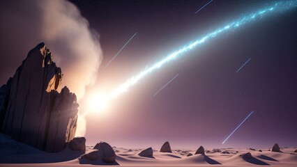 A Daring View Of A Comet Streak Over A Rocky Outcropping AI Generative