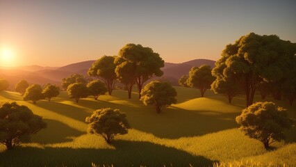 A Wonderful View Of A Grassy Field With Trees And Mountains In The Background AI Generative