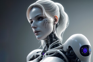 Obraz premium wallpaper background with robot woman, image created using AI generative technology
