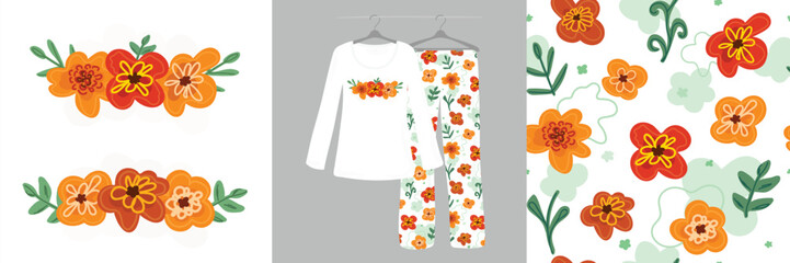 Floral graphic design doodles on white background. Seamless pattern for children, girls, women. Women's, designer pajamas.