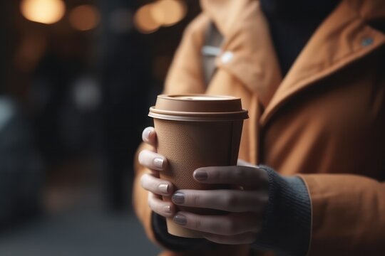 Woman's hand with paper cup of coffee to take away. Generative AI