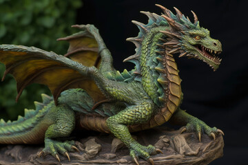 Obraz premium Figurine of a full length green wooden dragon with raised wings. Symbol of 2024. Chinese New Year Symbol. Dragon statuette. High resolution. Generative AI, human enhanced