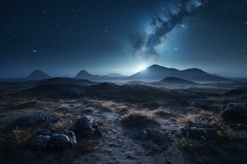 Fototapeta na wymiar Lunar terrain with Milky Way peeking over the horizon. Generative AI