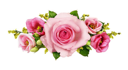 Pink rose, eustoma and yellow limonium flowers in a floral arrangement isolated on white or...
