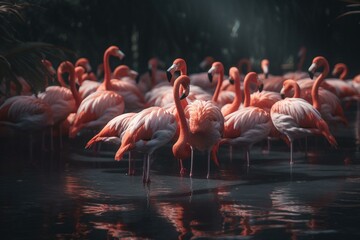 Naklejka na ściany i meble 3D rendered flock of flamingos in pink. Generative AI
