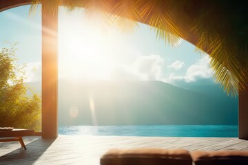Natural blurred defocused background for summer vacation. Tropical summer beach nature with sunshine. Light sandy beaches, the sea glistening against the blue sky. Generative AI.