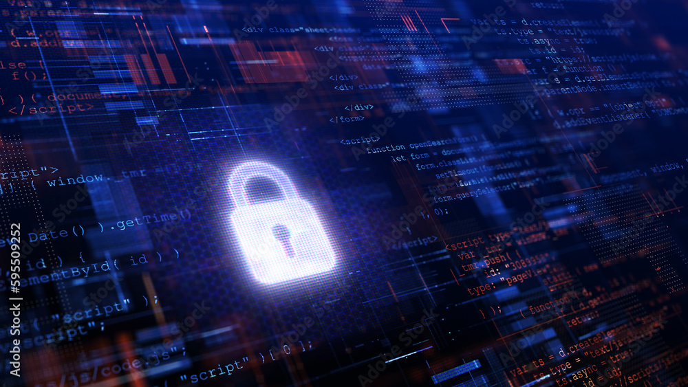 Poster cyber security and safety information, personal data concept. digital padlocks on abstract technolog