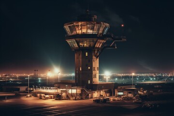 Airport's control tower, planes & maintenance equipment in early morning. Generative AI - obrazy, fototapety, plakaty