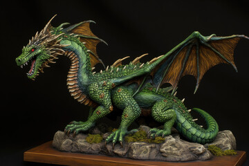 Fototapeta premium Figurine of a full length green wooden dragon with raised wings. Symbol of 2024. Chinese New Year Symbol. Dragon statuette. High resolution. Generative AI, human enhanced