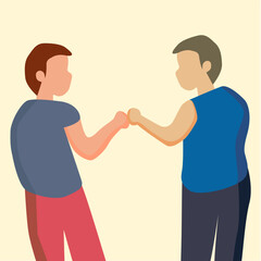 Two middle age business. Working together with giving fist bump.  yellow background