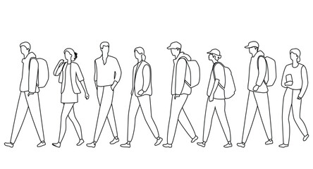 Vector silhouettes of  men and a women with backpack, a group of walking  business people, profile, studets traveling, linear sketch, black and white color isolated on white background
