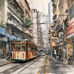 Hong Kong, Hong Kong, city Tram, watercolour collage, generated by ai
