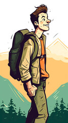 A young man hiking happy