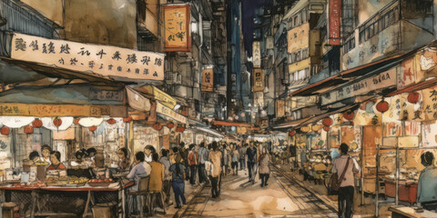  Hong Kong, Hong Kong, night market , watercolour collage, generated by ai - obrazy, fototapety, plakaty