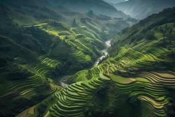 Cercles muraux Vert bleu Aerial photography of mountains with rice plantations. Breathtaking fantasy landscape of rice terraces. Dron view of the rice paddies. 6K high resolution image. Generative AI, human enhanced