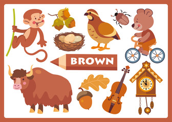 Brown color cartoon illustration for learning colors. Cute brown objects set for kids: monkey, nut, acorn, yak, bear, bicycle, nest, beetle, bird, quail, violin, wooden clock.