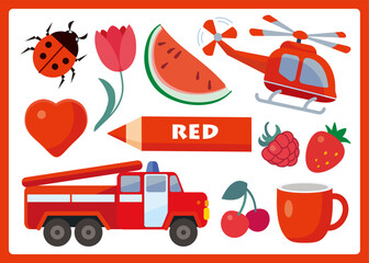 Red cartoon illustration for learning colors. Cute red objects set for kids: ladybug, tulip, fire truck, heart, strawberry, cherry, raspberry, helicopter, watermelon, cup.