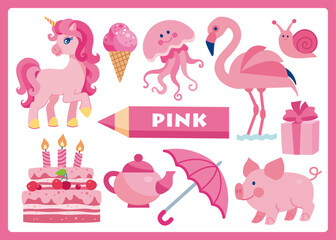 Pink color cartoon illustration for learning colors. Cute pink objects set for kids: unicorn, ice cream, piglet, flamingo, cake, teapot, gift, snail, jellyfish, umbrella.