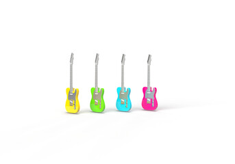 Colorful, bright electric guitars. 3d render on the theme of music, musical instruments, disco, audio. Modern minimal style, transparent background.