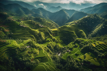 Aerial photography of mountains with rice plantations. Breathtaking fantasy landscape of rice terraces. Dron view of the rice paddies. 6K high resolution image. Generative AI, human enhanced