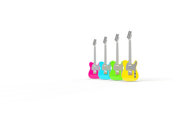 Colorful, bright electric guitars. 3d render on the theme of music, musical instruments, disco, audio. Modern minimal style, transparent background.
