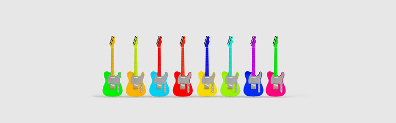 Colorful, bright electric guitars. 3d render on the theme of music, musical instruments, disco, audio. Modern minimal style, grey background.