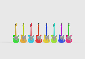Colorful, bright electric guitars. 3d render on the theme of music, musical instruments, disco, audio. Modern minimal style, grey background.