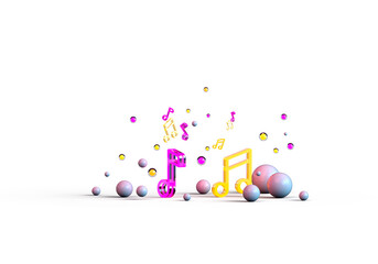Musical glowing notes close-up. 3d render on the theme of music, musical instruments, discos. Modern minimal style, transparent for a dark background.