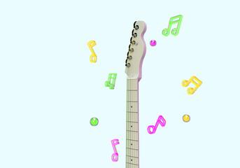 Electric guitar with glowing balls, notes. 3d render on the theme of music, songs, musical instruments, discos. Minimal style, blue background.