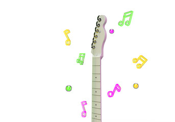 Electric guitar with glowing balls, notes. 3d render on the theme of music, songs, musical instruments, discos. Minimal style, transparent background.