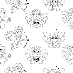 Seamless pattern with cupid, cupid with bow and arrows, angel with heart