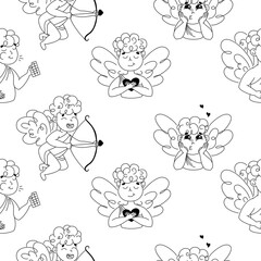 Seamless pattern with cupid, cupid with bow and arrows, angel with heart