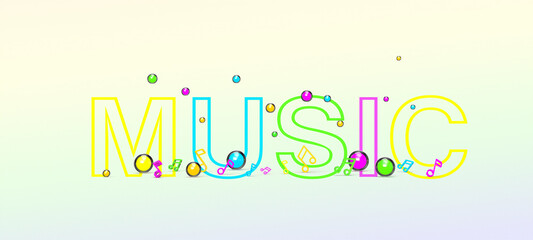 A pattern of musical notes and glowing balls on a bright background with the text music. 3d render on the theme of music, musical instruments, discos.