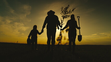 happy family. dad mom child going plant tree field. Watering shovel. Silhouette family sunset...