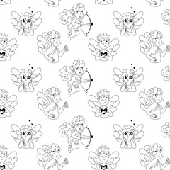 Seamless pattern with cupid, cupid with bow and arrows, angel with heart