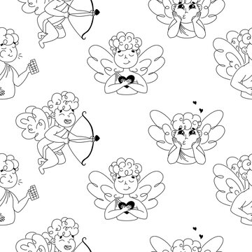 Seamless pattern with cupid, cupid with bow and arrows, angel with heart