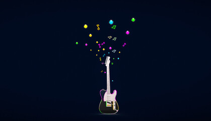 Electric guitar with glowing balls, notes. 3d render on the theme of music, songs, musical instruments, discos. Minimal style, dark background.