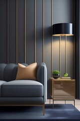 Interior of modern living room with striped accent coffee table and classical patterned armchair, stone stucco wall. Home design. 3d rendering generative AI