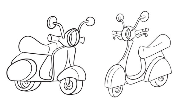 Scooter Vector illustration about back to school. Coloring page with school supplies. Vector illustration. Doodle style. Outline vector illustration for coloring book. Vector sheet icon.