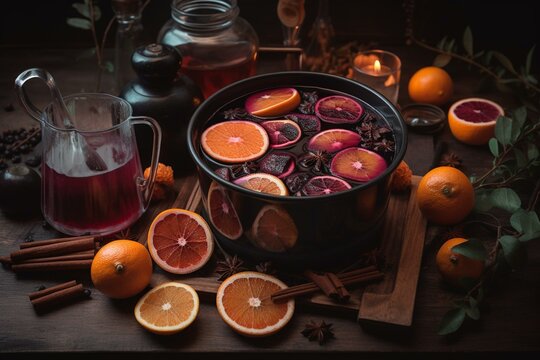 Mulled wine in watercolor for food designs. Generative AI