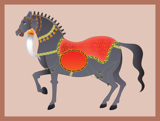 Horse painted in traditional Indian Mughal art painting style, vector illustration frame for wall painting